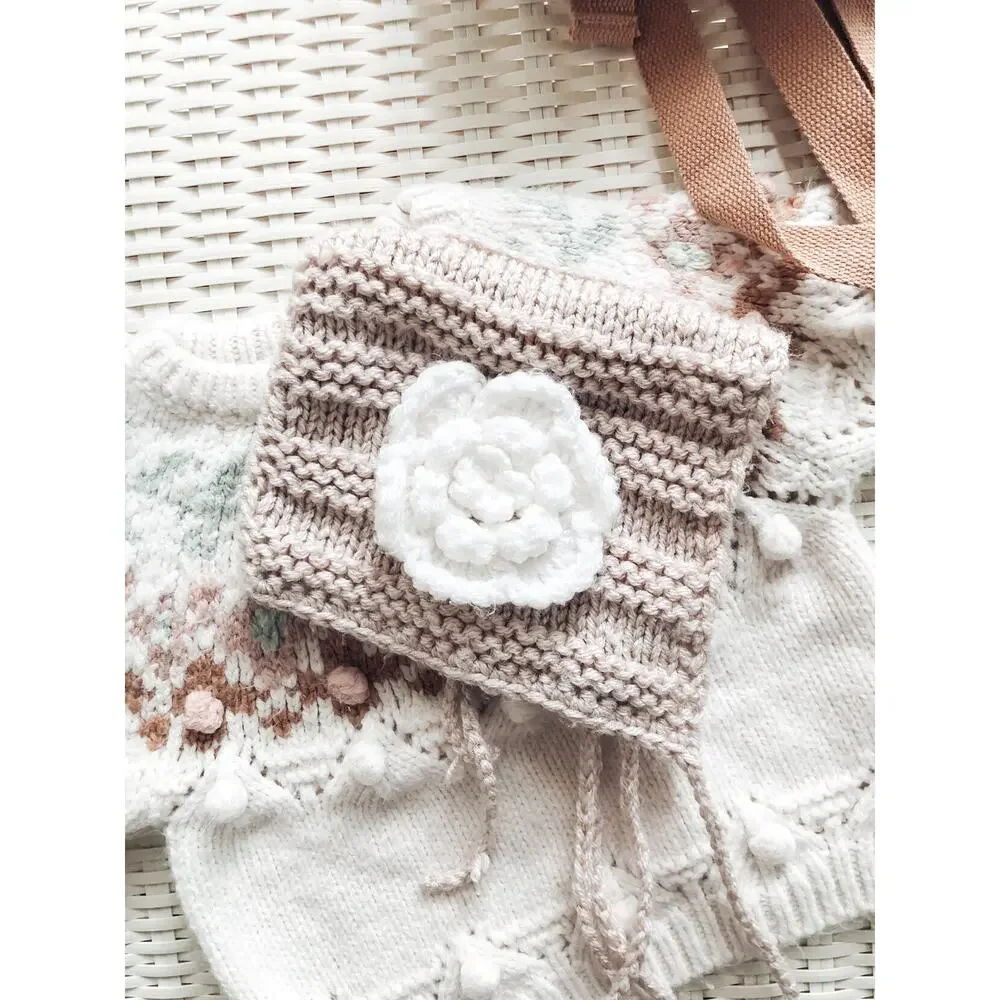 Making Cozy Memories Latte Knitted Floral Accent Bonnet